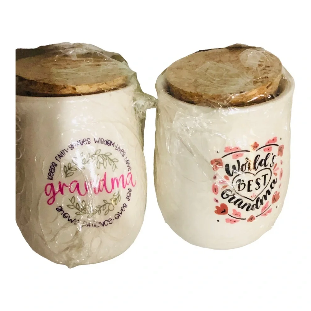 2 world’s best grandma mini cork topped‎ ceramic jars new